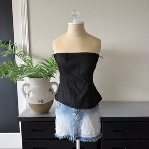 Zara Strapless Black Denim Corset Top Size S Glossy Faux Leather Look Going Out